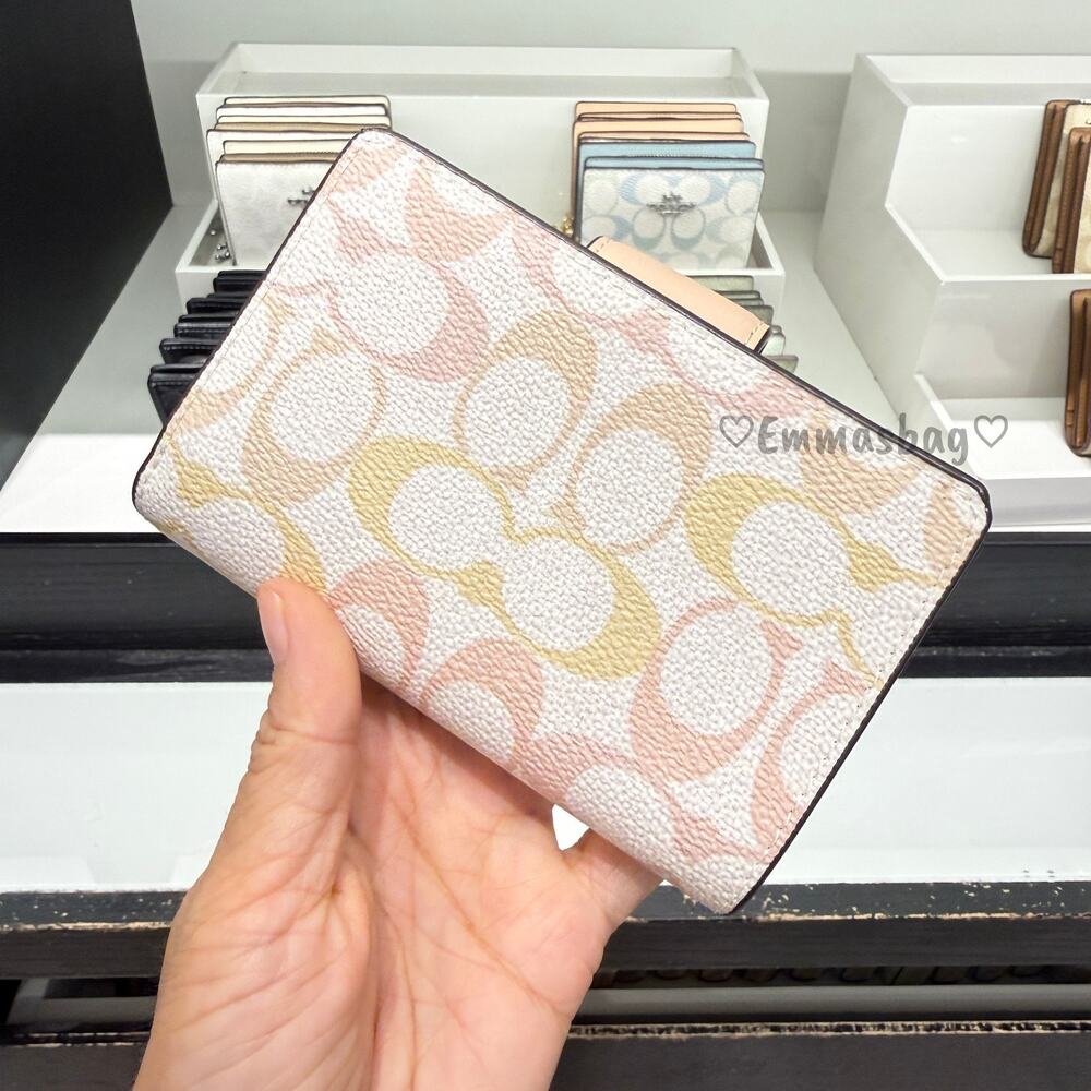 Coach Medium Corner Zip Wallet In Pretty Signature Canvas CEC31 Gold/Chalk/Pink - Picture 3 of 7
